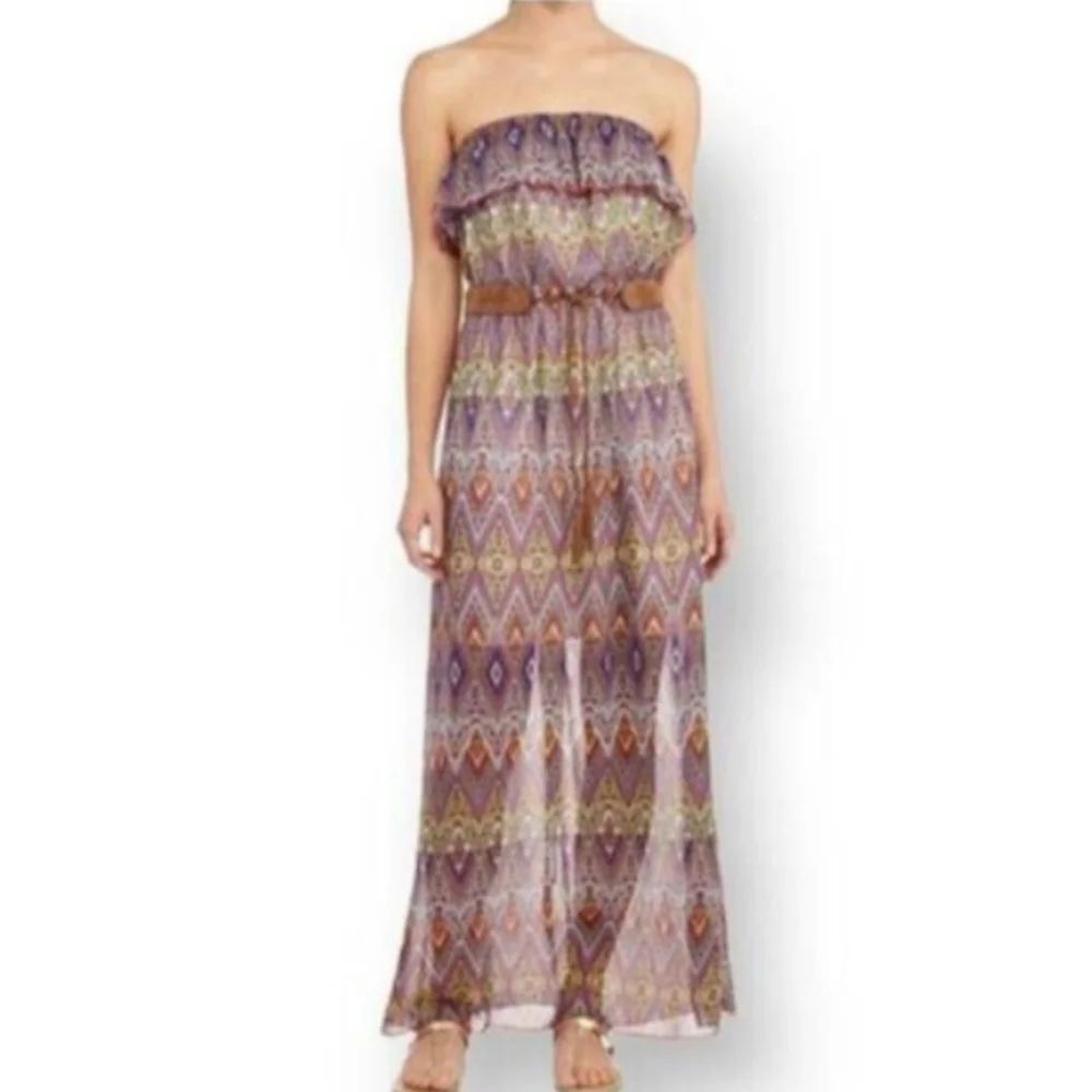 DEREK HEART CREAM & PURPLE DIAMOND PATTERN STRAPLESS MAXI DRESS SZ.M EUC